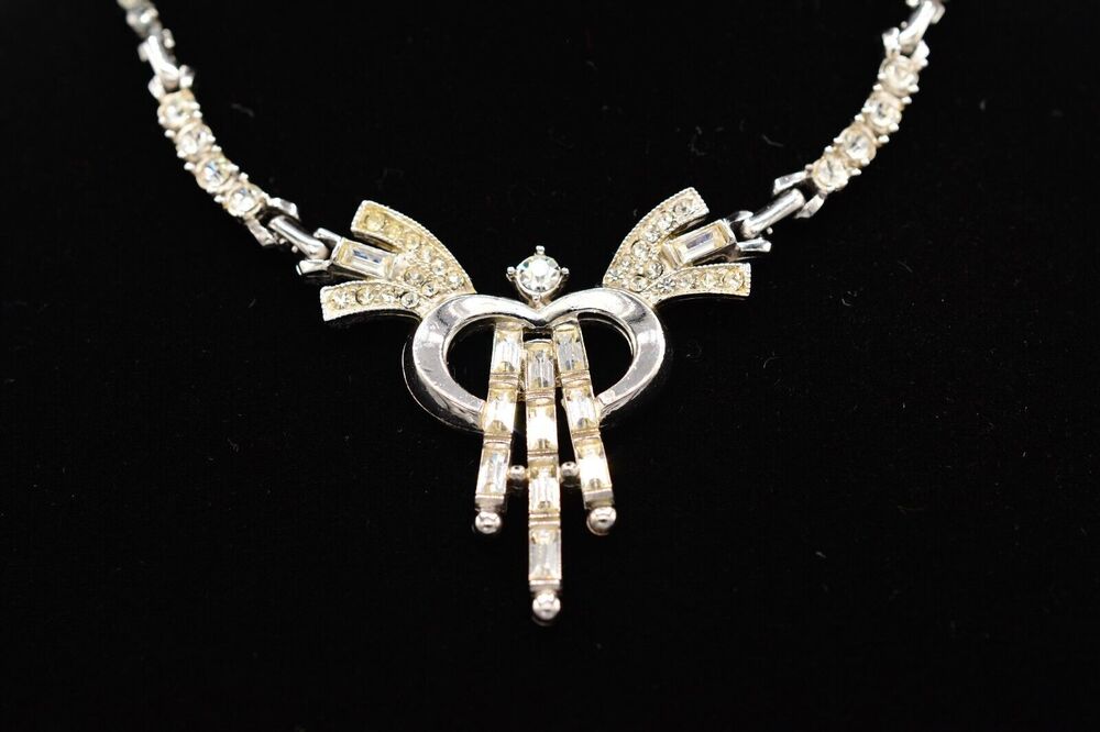 Anthony Vintage Crystal Necklace Collar Rhinestone Silver Tone Signed 40s Bin7B